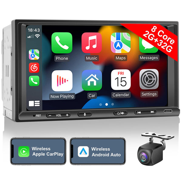 Android Double Din Car Stereo Radio Wireless CarPlay & Wireless Android Auto, 7in Touchscreen Head Unit with Dual Bluetooth, Split Screen, DSP, AHD Backup Camera, GPS/USB/AUX/SWC/AM/FM/RDS/Subwoofer