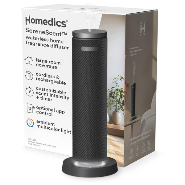 Homedics SereneScent Fabric Rechargeable Waterless Diffuser, Use with Homedics SereneScent Oil 120ml (Sold Separately) Cordless Aromatherapy, Adjustable Mist & Timer, 6 Calming Lights, Black