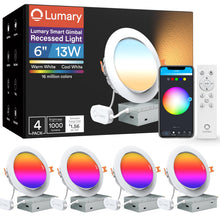 Lumary Smart Gimbal Recessed Lighting 6 Inch, 355°+20° Adjustable RGBWW Led Downlight, Canless with Junction Box, Wi-Fi Bluetooth 13W 1000lm CRI 90, Compatible with Alexa Google Assistant, 4 Pack