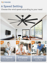 ZMISHIBO 72 Inch Ceiling Fan No Light with Remote Control, 8 Blades Quiet DC Reversible Motor, 6-Speed, Timer, Black Finish, Indoor Outdoor Ceiling Fans for Patios, Living Room, Garage