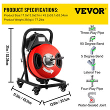 VEVOR 50FT x 1/2Inch Sewer Snake Cleaning Machine on 4 Wheels Electri Drain Auger with 4 Cutters & Foot Switch for 1''-4'' Pipes, Red, Black