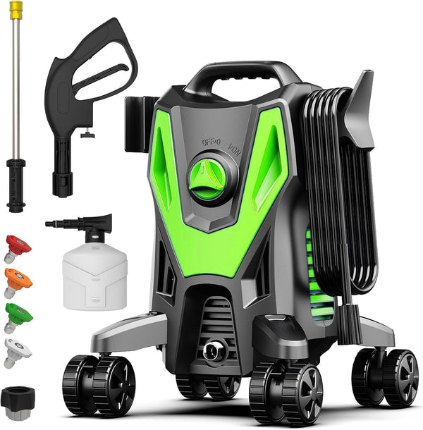 QIOMALA Electric Pressure Washer, 4400 PSI 2.8GPM High Pressure Cleaning Machine with 35 FT Power Cord, 20 FT Hose, Foam Cannon, 4 Nozzles,Easy Store for Car/Garage/Patio, Green/Small