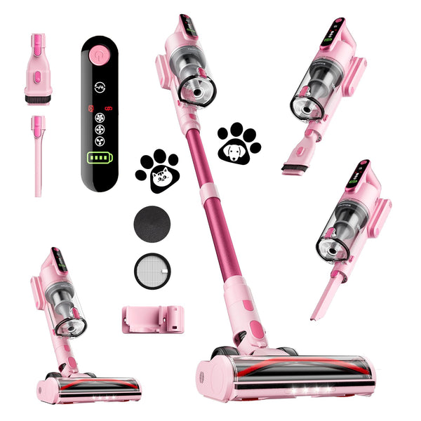 Cordless Vacuum Cleaner, 45Kpa 50 Mins Runtime Self-Standing Stick Vacuum Cleaners for Home, Powerful Suction, Lightweight, LED Touch Screen 8 in 1 Vacuum for Pet Hair, Carpet, Hardwood Floor, Pink