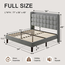 Einhomn Full Size Bed Frame, Upholstered Platform Bed Frame with Charging Station, Modern Wingback Storage Headboard, Solid Wood Slats Support, No Box Spring Needed, Light Grey