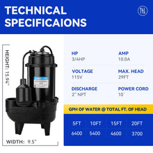 Acquaer 3/4HP Submersible Sewage/Effluent Pump, Cast Iron, 115V 6400 GPH Automatic Tethered Float Switch, Sump Pump for Sump Basin, Basement, Residential Sewage, 2'' NPT Discharge