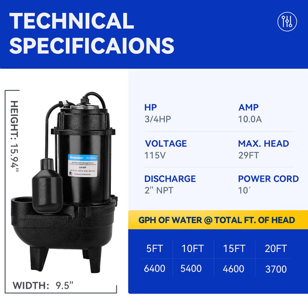 Acquaer 3/4HP Submersible Sewage Effluent Pump, Cast Iron, 115V 6400 GPH Automatic Tethered Float Switch, Sump Pump for Sump Basin, Basement, Residential Sewage, 2'' NPT Discharge