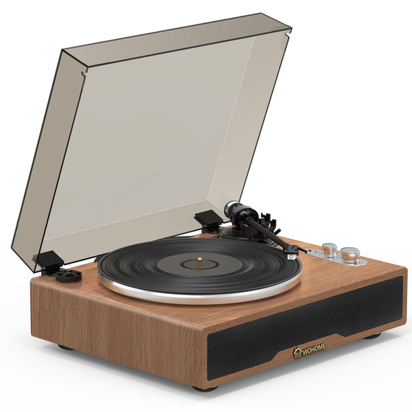 Wohome Belt Drive Turntable, Hi-Fi Vinyl Record Player with Magnetic Cartridge, 2 Speed, Bluetooth in/Out, Aux in/Out, and Auto Stop (Built-in 4 Speakers, Walnut)