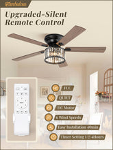 56 Inch Farmhouse Chandelier Ceiling Fan with Remote Control, Black Indoor Crystal Ceiling Fan with 6-Speeds, Quiet Reversible DC Motor, Flush Mount Ceiling Fan with Lights for Bedroom, Living Room