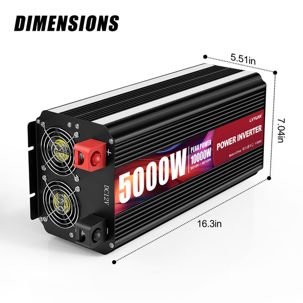 LVYUAN 5000 Watt Power Inverter 12V to 110V with 4 AC Outlets, LCD Display, Wireless Remote Control, Car Power Inverter for Heavy Duty, RV, Truck, Off Grid Solar System, Camping