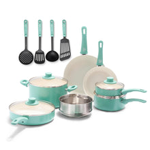 GreenLife Soft Grip Healthy Ceramic Nonstick, 15 Piece Cookware Pots and Pans Set, Induction, PFAS-Free, Dishwasher Safe, Turquoise