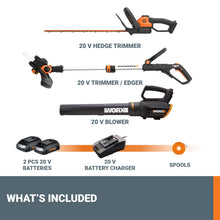 Worx 20V String Trimmer + Turbine Blower + Hedge Trimmer (Batteries & Charger Included)