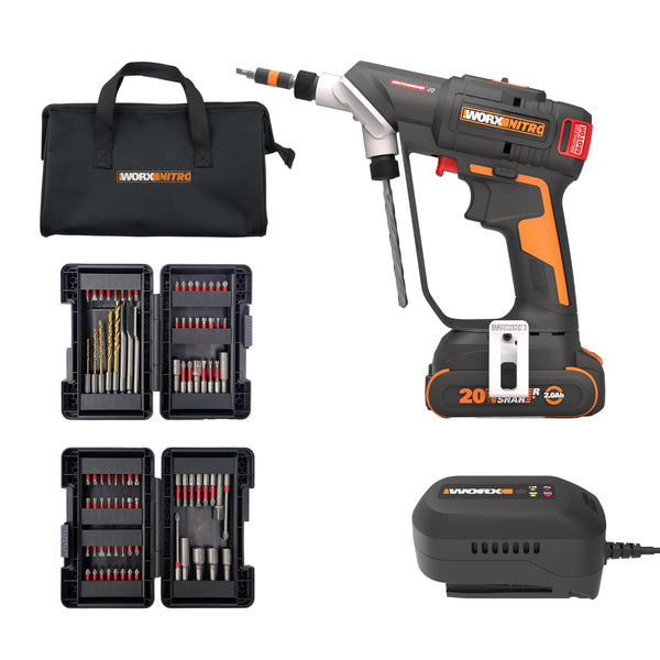 WORX Nitro 20V SwitchDriver 2.0 with 85 pc Accessory Kit, 2-in-1 Brushless Cordless Drill Driver, Drill Set Rotatable Dual 1/4" Chucks, WX177L.2 – (Battery & Charger Included)