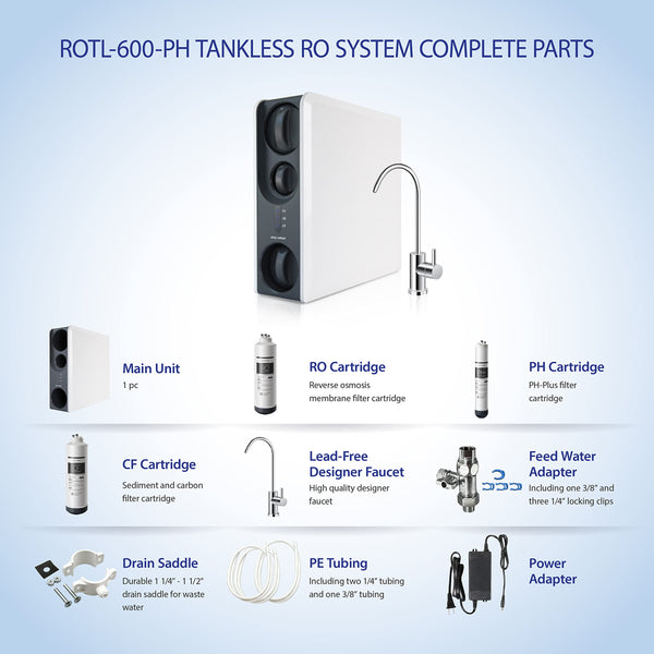 APEC ROTL-600-PH Tankless Reverse Osmosis System 3-Stage Water Filter System with pH+, Pure Alkaline Water Filter, Smart Replacement Reminder, Easy DIY Install/Maintenance