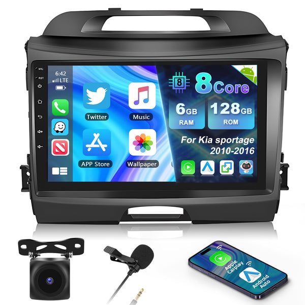 【Upgrade 8Core 6+128G】Car Stereo for Kia sportage 2010-2016 with Apple Carplay Android Auto,9" IPS Touchscreen Car Radio with WIFI GPS SWC FM/RDS Radio 32EQ DSP,1280*720 Resolution Display+Backup Cam