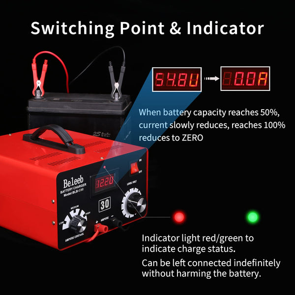 Beleeb Adjustable Battery Charger 12V 24V 36V 48V 60V 72V Smart LCD Display Pulse Repair Desulfator Cable Clamps Automotive Maintainer for Golf Cart Mower Boats, PWCs Truck RV ATV SUV