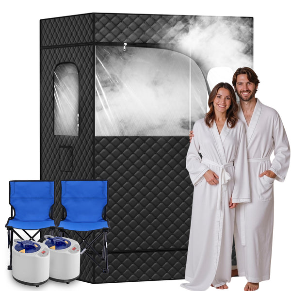 Urbansync 2 Person Sauna, Extra Large Sauna Box, Portable Steam Sauna Tent for Home with 2 1300W±10% Steamers, 2 Carpet, 2 Folding Chair and Remote Control, 71”x 49”x 37”, Black