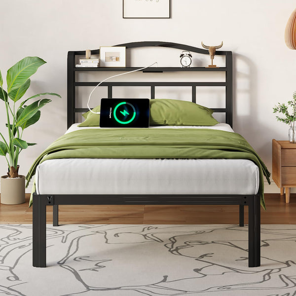 Twin XL Bed Frame - Stylish Platform Bed Frame with Headboard and USB & Type C Charging Station, Heavy Duty Metal Bed Frame No Box Spring Needed with Ample Storage Space - Easy Assembly and Noise Free