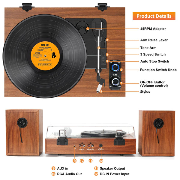 Vinyl Record Player with External Bookshelf Speakers, 33-1/3 45 78 RPM Vintage Bluetooth Stereo Turntable for Vinyl Records,Belt-Driven System,Dust Cover,Auto-Stop, Support AUX-in, RCA Out, Brown Wood