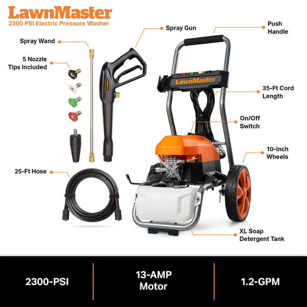 LawnMaster LT2100B Electric Pressure Washer 2300 PSI MAX 13 Amp 1.2 GPM CSA Certified with 5 Nozzles Powerful Storage Organization