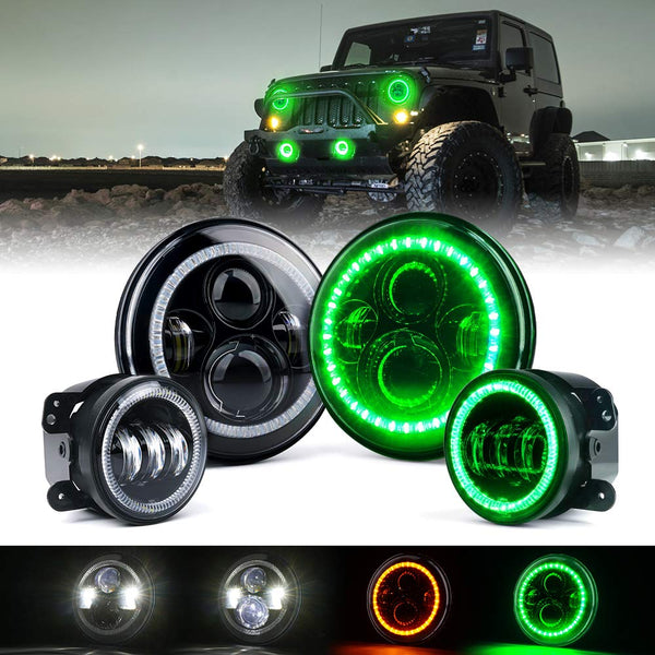 Xprite 7" 90W LED Headlights & 4 Inch 60W Fog Lights Combo w/Green Halo Angel Eye Compatible with 2007-2018 Jeep Wrangler JK, DOT Approved