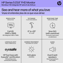 HP Series 5 24 inch FHD Monitor, Full HD Display (1920 x 1080), IPS Panel, 99% sRGB, 1500:1 Contrast Ratio, 300 nits, Eye Ease with Eyesafe Certification, 524sa (2024)