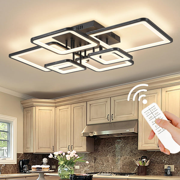 Shine LUEST Modern LED Ceiling Light Fixture Black Kitchen Lighting Fixtures Ceiling for Bedroom 31.5" Dimmable 6 Ring Square Ceiling Light for Kitchen with Remote Control for Living Room,Dining Room