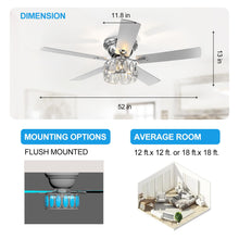 Breezary 52 inch Flush Mount Ceiling Fans with Lights Remote Control, 5 Reversible Blades Indoor Low Profile Crystal Lighting Chandelier Ceiling Fans for Bedroom