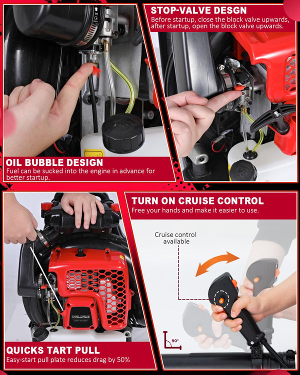 Thalorus 63CC Gas Backpack Leaf Blower, 2-Stroke, 665 CFM, 205 MPH, Variable Speed & Cruise Control, Ergonomic Harness, Reduced Emissions, for Fast Yard Cleanup (TR690 Pro)