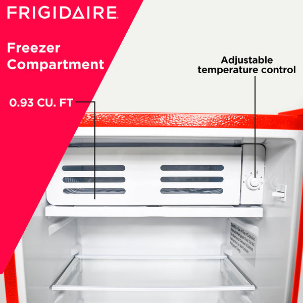 Frigidaire Retro Compact Fridge with Chiller, 3.2 cu ft Countertop Fridge with Built-In Bottle Opener, Compact Refrigerator for Office, Bedroom, Dorm Room or Cabin - 16.5" D x 19" W x 31" H (Red)