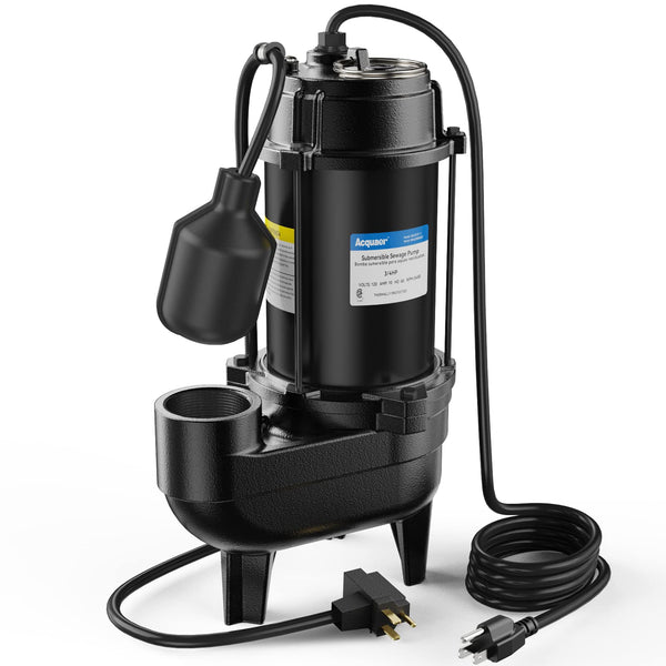 Acquaer 3/4HP Submersible Sewage Effluent Pump, Cast Iron, 115V 6400 GPH Automatic Tethered Float Switch, Sump Pump for Sump Basin, Basement, Residential Sewage, 2'' NPT Discharge