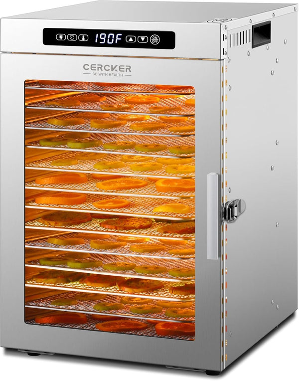 Cercker Stainless Steel Food-Dehydrator Machine 14 Commercial-Dehydrator Trays, 1200W Fruit Dehydrator,11.98ft² Meat-Dehydrator for Jerky,190ºF Temperature Control,24H Large-Dehydrator for Beef