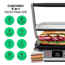 Chefman 5-in-1 Digital Panini Press Grill Sandwich Maker and Griddle Grill Combo with Removable, Reversible Dishwasher-Safe Grilling Plates, Opens 180° for Indoor BBQ /Flat Top Grill, Stainless steel