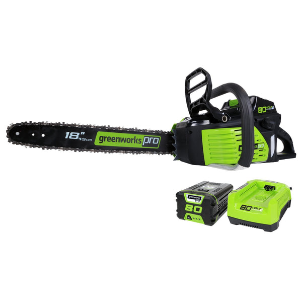 Greenworks 80V 18" Brushless Cordless Chainsaw (Great For Tree Felling, Limbing, Pruning, and Firewood) / 75+ Compatible Tools), 2.0Ah Battery and Rapid Charger Included