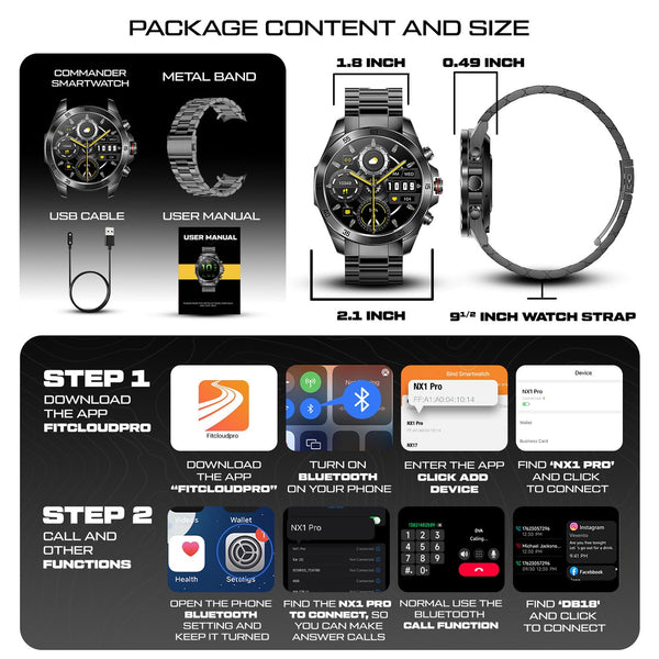 ALPHAGEAR Commander Smartwatch for iPhone & Android, Rugged Smart Watch (Answer/Make Call), Wellness Tracker with 1.43" AMOLED Screen, 10-14 Days Battery, 5 ATM (2xScreen Protector Included)