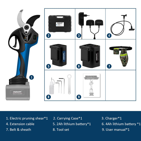 SWANSOFT Electric Pruning Shears, 1.57 inch Cutting Diameter Cordless Electric Pruners Shears Battery Powered, 1050W Tree Branch Pruner with 2Ah+4Ah Lithium Battery (8605pro)