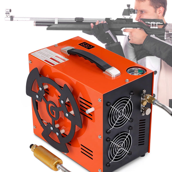 PCP Air Compressor, 4500Psi/30Mpa, 350W Motor, Auto Stop, Built-in 600W Adapter, Dual Power (12V DC/110V-220V AC), Water/Oil-Free, 2*Cooling Fan for Air Rifle/Paintball/Scuba Use （CS6-Plus）