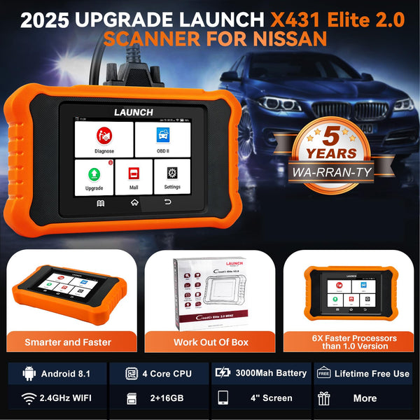 LAUNCH X431 Elite 2.0 PRO fit for Nissan Bi-Directional Scanner, 2025 Upgrade Configure All Reset Full System Diagnose, AUTOVIN, Full OBD2 Functions for Nissan/for Inifitini/for GTR