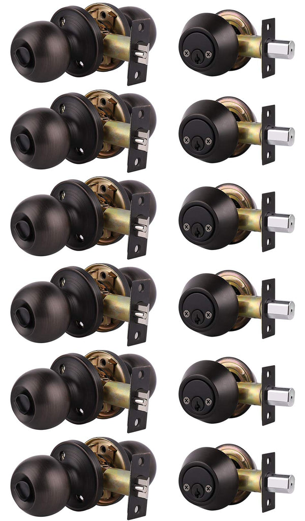 home improvement direct 6 Pack Exterior Deadbolt and Door Knob Set, Oil Rubbed Bronze Entry Door Locksets with Double Cylinder Deadbolt, Keyed Alike Door Lockset with OverCycles