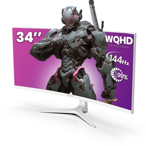 CRUA 34Inch White Gaming Monitor 144hz 21:9 1500R Ultra Wide Curved Monitor, WQHD (3440X1440P) 99%sRGB VA Panel Computer Monitor Support AMD Freesync, HDMI 2.0 & DP1.4, Wall Mountable/Tilt Adjustable