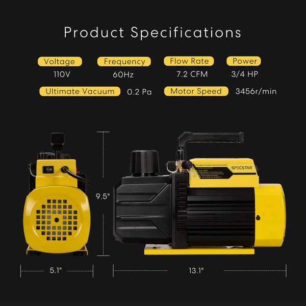 SPECSTAR 3/4 HP 7.2 CFM 110V Dual Stage Rotary Vane HVAC Air Vacuum Pump for R134a R12 R22 R502 R410a Systems with 2 Oil Bottles for Air Conditioner Servicing Resin Degassing and More