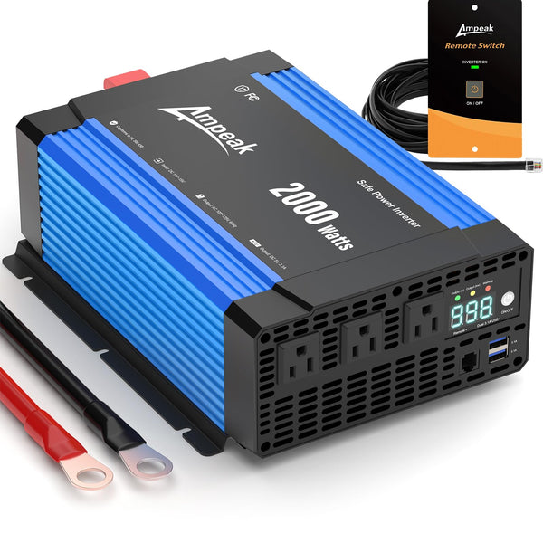 Ampeak 2000W Power Inverter Conversion Efficiency 89.37% Inverter 12V to 110V 3AC Outlets Dual 5V/3.1A USB Ports Modified Sine Power Inverters for Vehicles