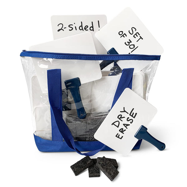 Trainers Warehouse Deluxe Whiteboards Combo Set: 30 Two-Sided Dry-Erase Answer Boards with Tote Bag & Mini Erasers | Sturdy, Easy-to-Hold & Clean, Blue Handles (5.9" x 7.75")