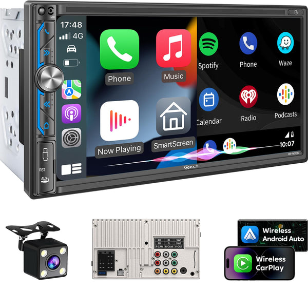 PLZ 7" Wireless Double Din Car Stereo Apple Carplay Radio Screen for Car Audio Receivers, Bluetooth 5.3 Car Play Android Auto Touchscreen, 240W 4.2 CHN 2 Subwoofers Outputs, Backup Camera, SWC, FM/AM