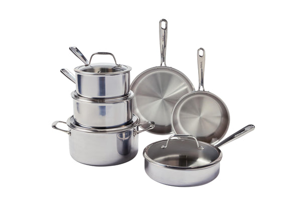 T-fal Pro Tri-Ply Stainless Steel Cookware Set 10 Piece, Induction Compatible Oven Safe 500F, Lids 350F, Fast & Even Heat, Professional Quality & Durability, Pots and Pans Set, Dishwasher Safe, Silver