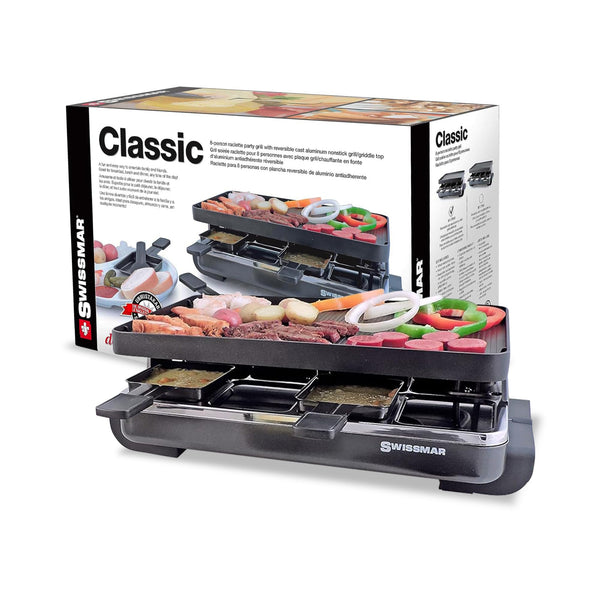 Swissmar Classic 8-Person Raclette Party Grill with Reversible Cast Aluminum Non-Stick Grill Plate/Crepe Top, Indoor Electric Raclette Grill & Griller - Black Grill Plate - Black