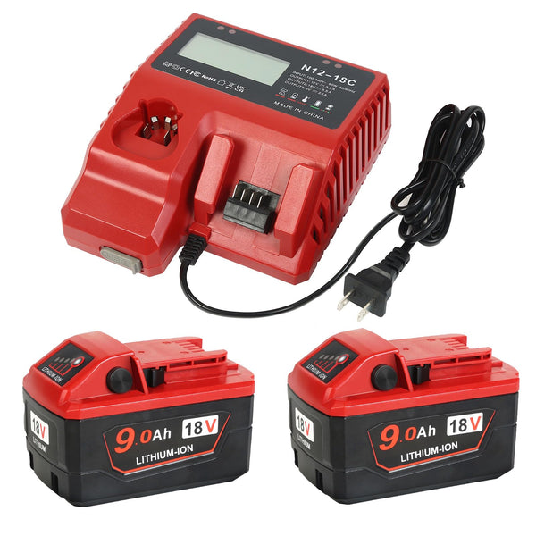 New Version 18V 9.0 Ah Battery and Charger Combo Kit Replace for Milwaukee m18V Lithium Ion Batteries 48-11-1862/1852/1840/1830(2)+ 18V Battery Charger 48-59-1812