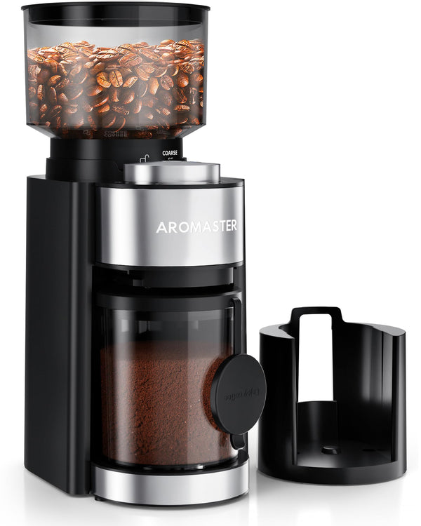 Aromaster Conical Burr Coffee Grinder Electric with 25 Grind Setting, Coffee Bean Grinder for Home Use, 2-12 Cups Timer, 3-Ears Portafilter Holder, Cleaning Brush, Black