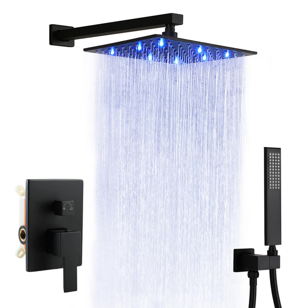 SKOWLL Shower Faucet Set Rainfall Shower Head LED Shower Faucet Overhead Shower System Black Shower Head and Handle Set Wall Mount 12 Inch with 2 Function Shower Valve Kit, Matte Black