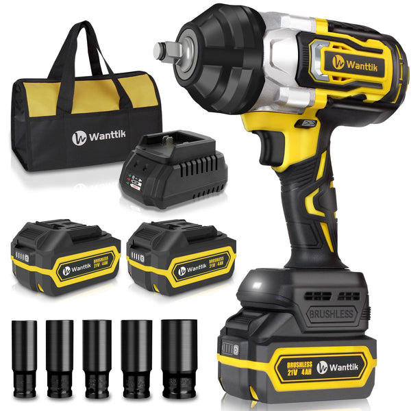 WANTTIK 1300N.m Cordless Impact Wrench 1/2 Inch, 21V Brushless High Torque Impact Gun w/ 2 x 4.0Ah Batteries, Fast Charger, 5 Sockets and Tool Bag