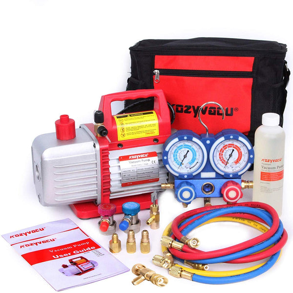 Kozyvacu Mini Split/HVAC/AUTO AC Repair Complete Tool Kit - Includes 1-Stage 4.5 CFM Vacuum Pump, Manifold Gauge Set, Hoses and Accessories, Perfect for AC Recovery and R134a Refrigeration